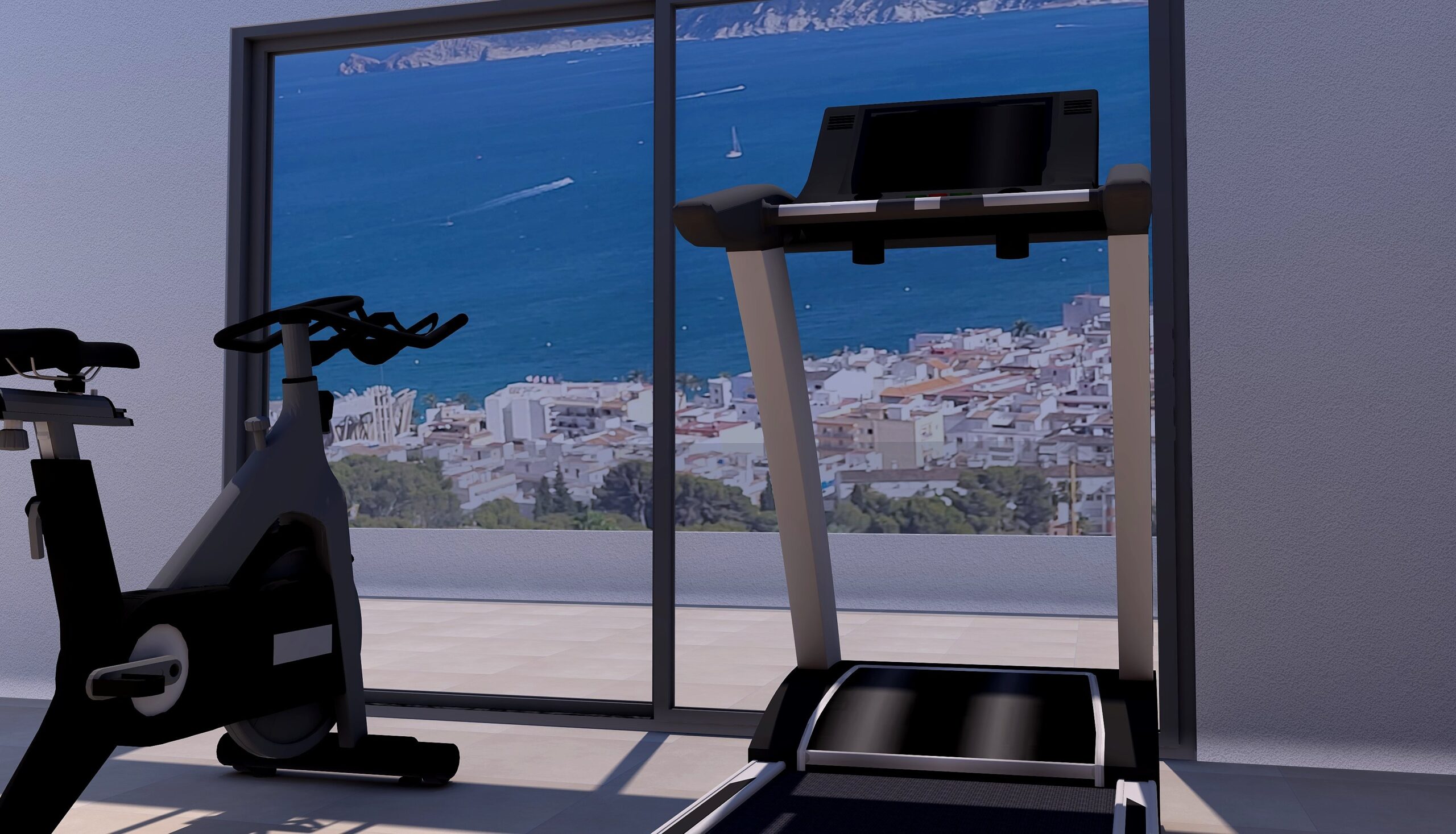 Privé-fitnessruimte met loopband en hometrainer, gelegen achter grote glazen schuifdeuren met panoramisch uitzicht op de haven van Jávea en de Middellandse Zee.