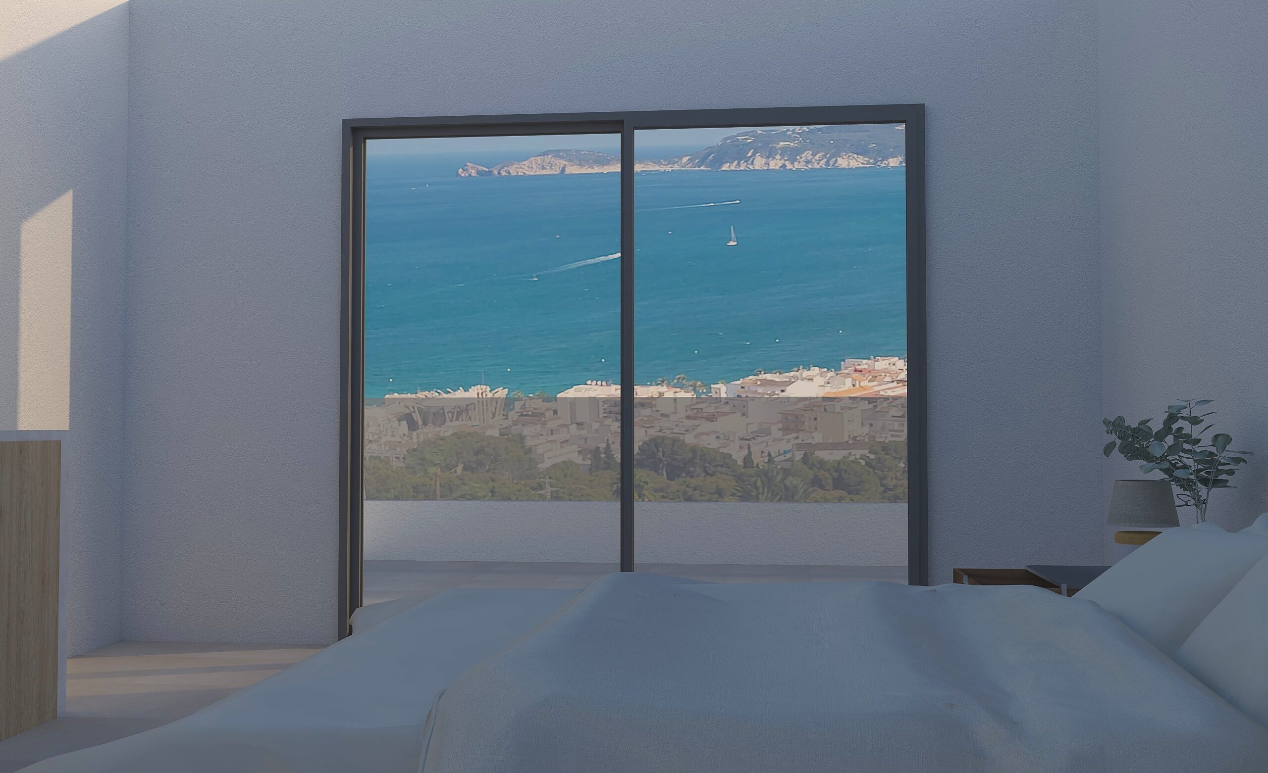 Slaapkamer met grote glazen schuifdeuren die een weids panoramisch uitzicht bieden over de Middellandse Zee en de haven van Jávea.