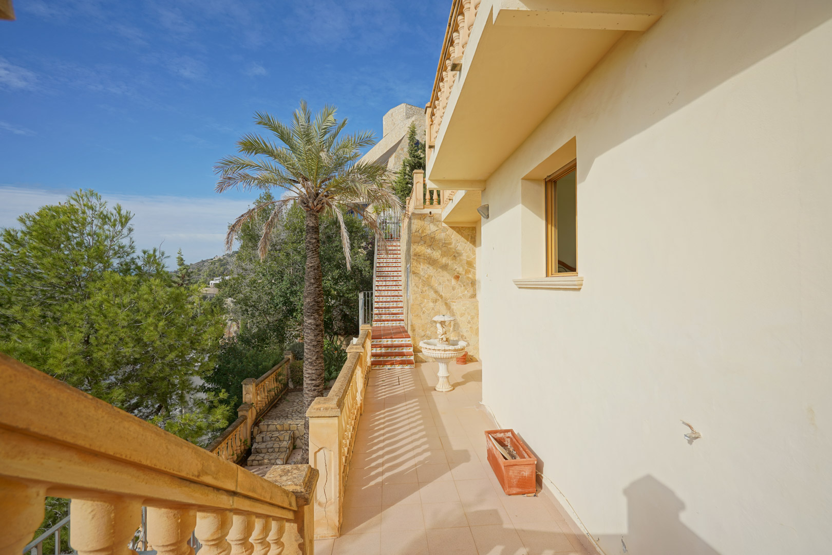 Buitenpad met klassieke balustrades, natuurstenen muren en een trap versierd met traditionele tegels naast een mediterrane palmboom.