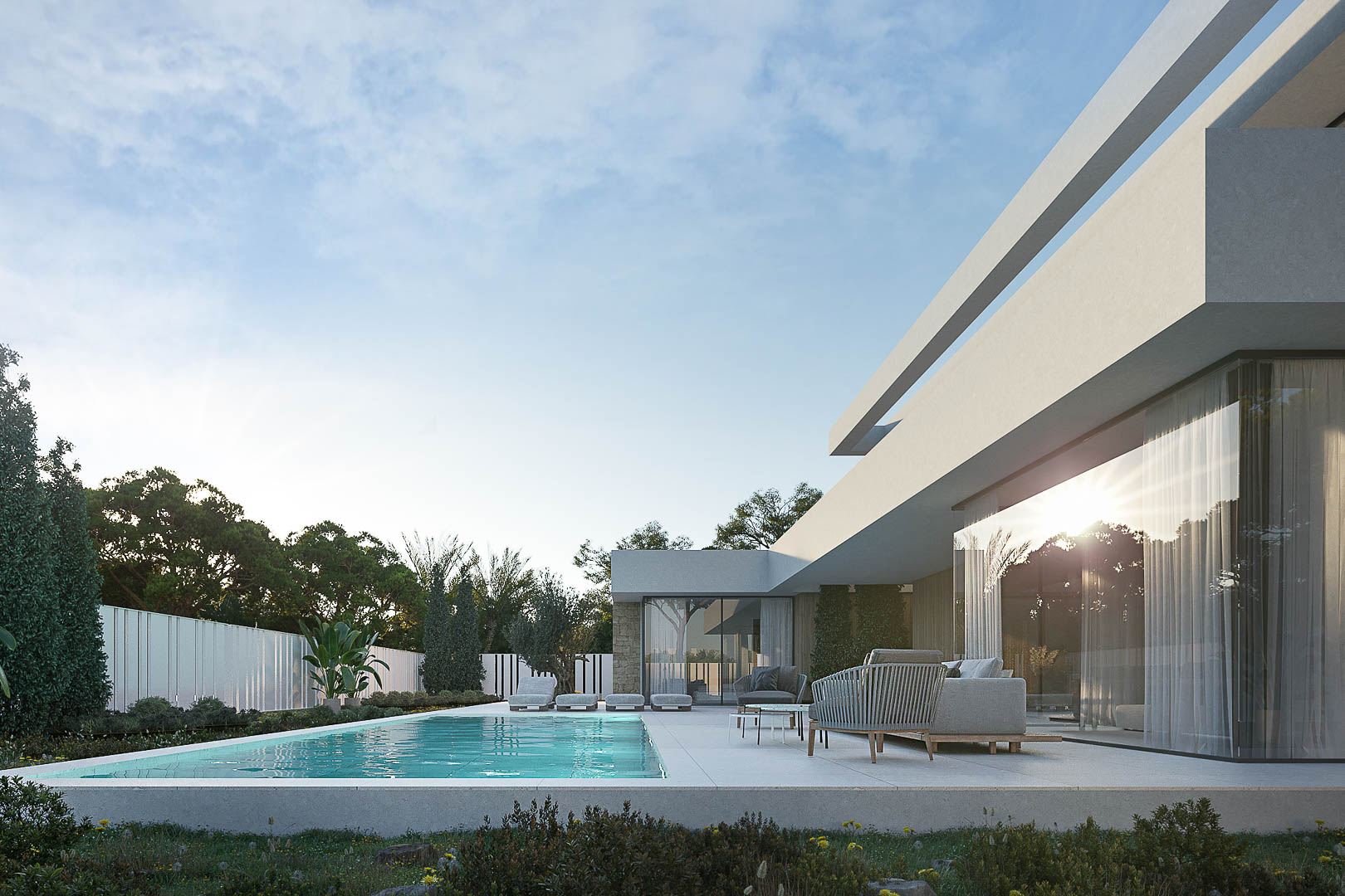 Modern exterieur met rechthoekig zwembad, terras van porseleinen tegels en designmeubilair tegen een minimalistische witte gevel.