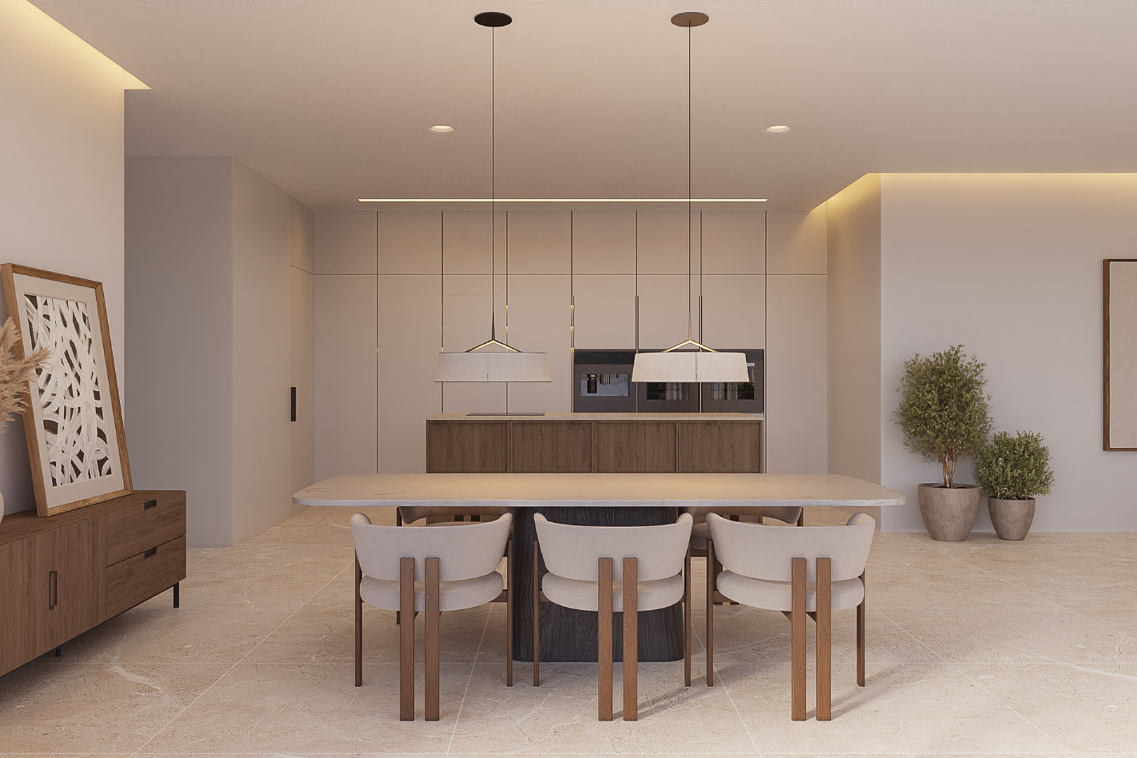 Open eetkamer met een natuurstenen tafel, designstoelen en een minimalistische keuken met geïntegreerde apparatuur en een lichte stenen vloer.
