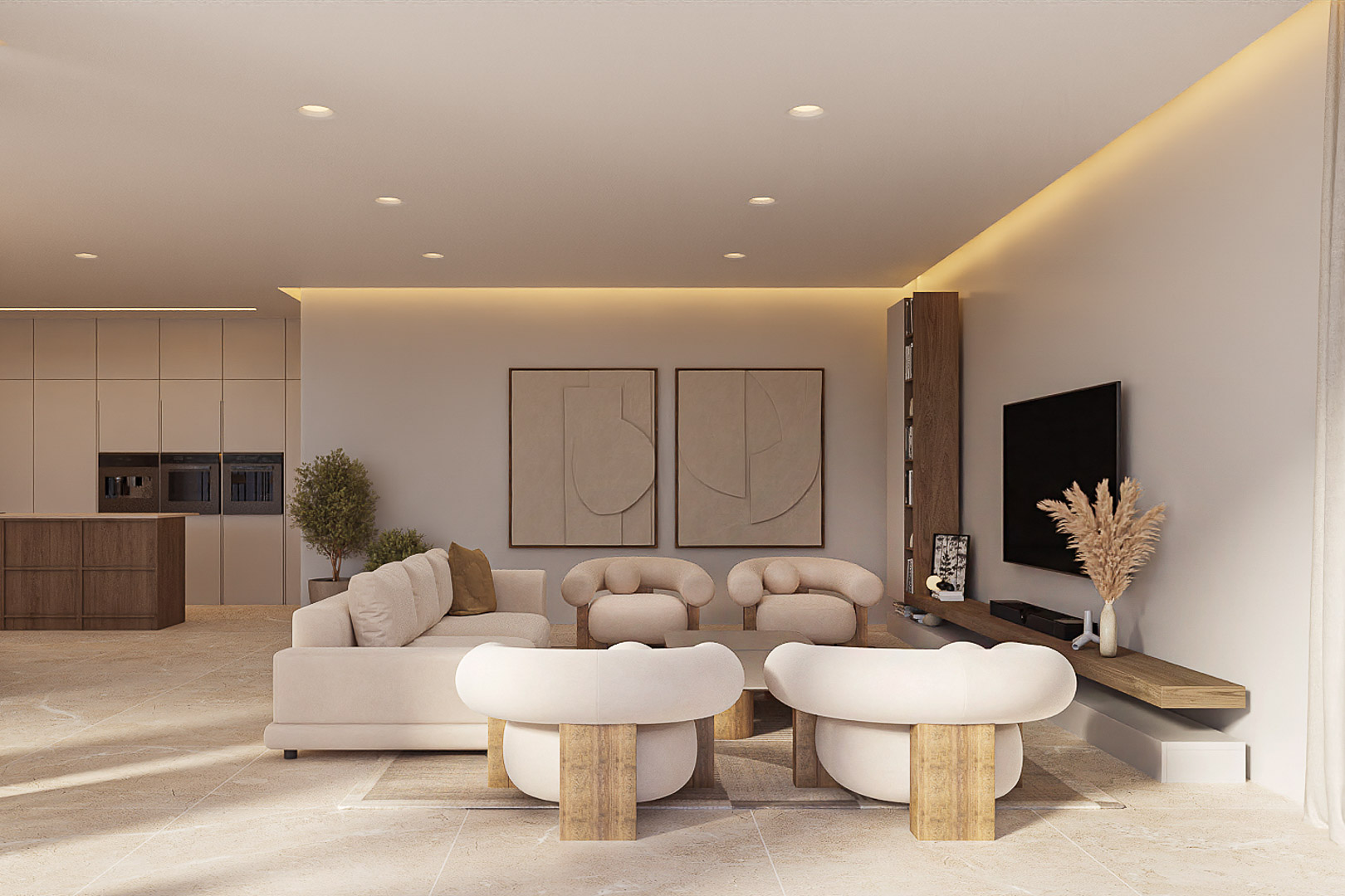 Open woonruimte met gebogen designfauteuils, natuurstenen vloeren en indirecte LED-verlichting die aansluit op een minimalistische keuken.