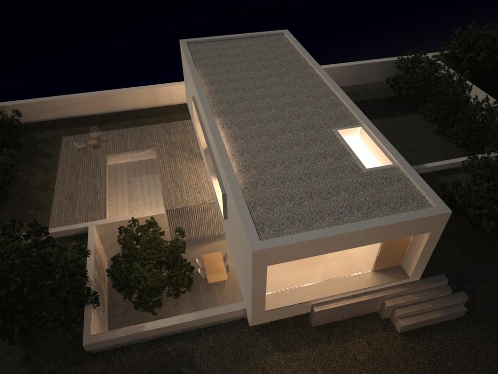 Nachtelijk vogelperspectief van de minimalistische architectuur met privézwembad en een binnenplaats voorzien van eethoek en geïntegreerd groen.