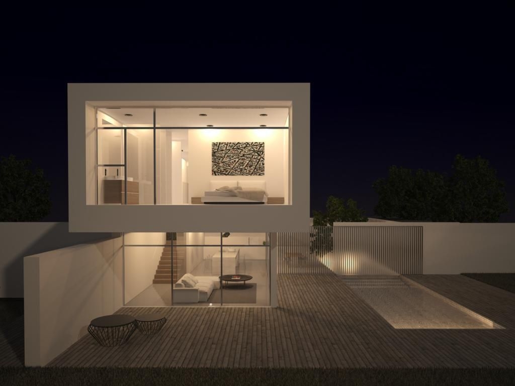 Nachtzicht van de minimalistische gevel met de hoofdslaapkamer boven en de woonkamer die direct aansluit op het houten terras met privézwembad.