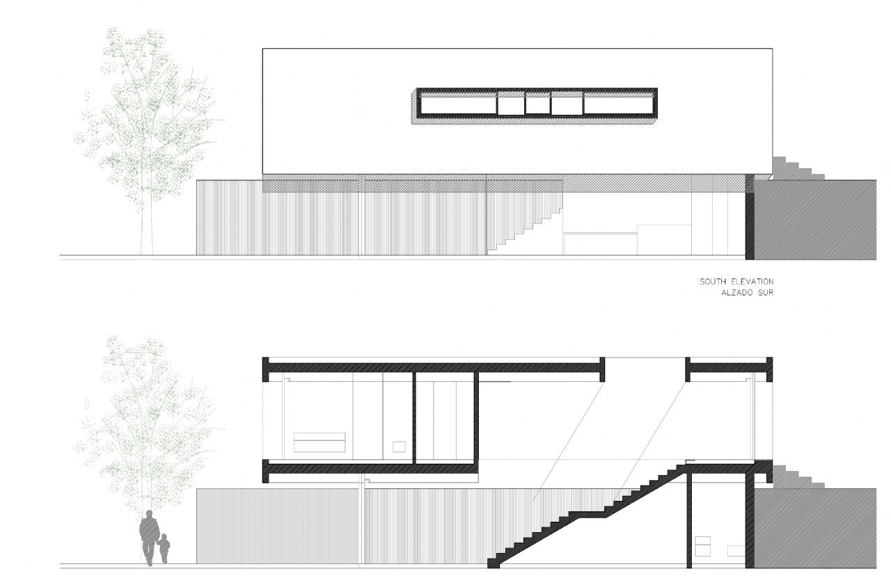 Technische architecturale tekening van de zuidgevel en een dwarsdoorsnede van de villa, met de minimalistische gevel en de interne trapindeling.