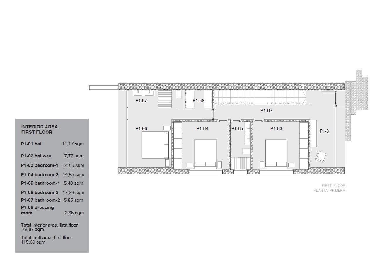 Technische plattegrond van de eerste verdieping met de indeling van drie slaapkamers, twee badkamers en een dressing, totaal 115,60 m² bebouwde oppervlakte.