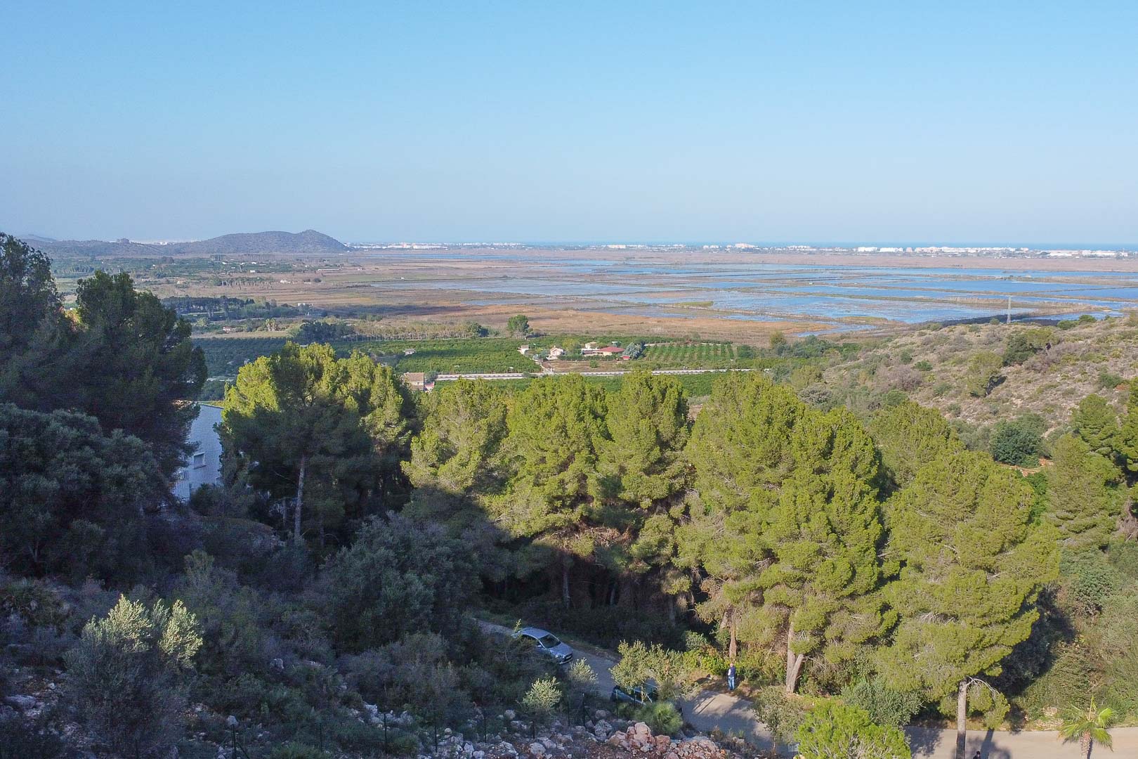 Panoramisch uitzicht vanaf het perceel over het natuurpark Marjal de Pego en de Middellandse Zee, omgeven door pijnbomen en lokale vegetatie.