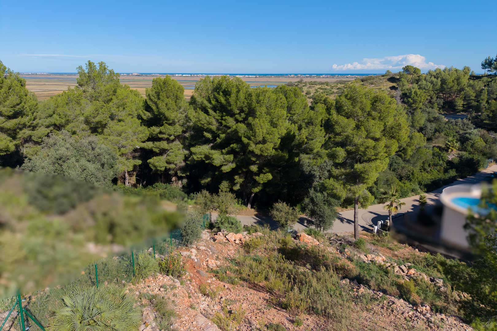 Verhoogd perceel met panoramisch uitzicht over het natuurpark Marjal de Pego en de Middellandse Zee, omgeven door volgroeide pijnbomen en struikgewas.