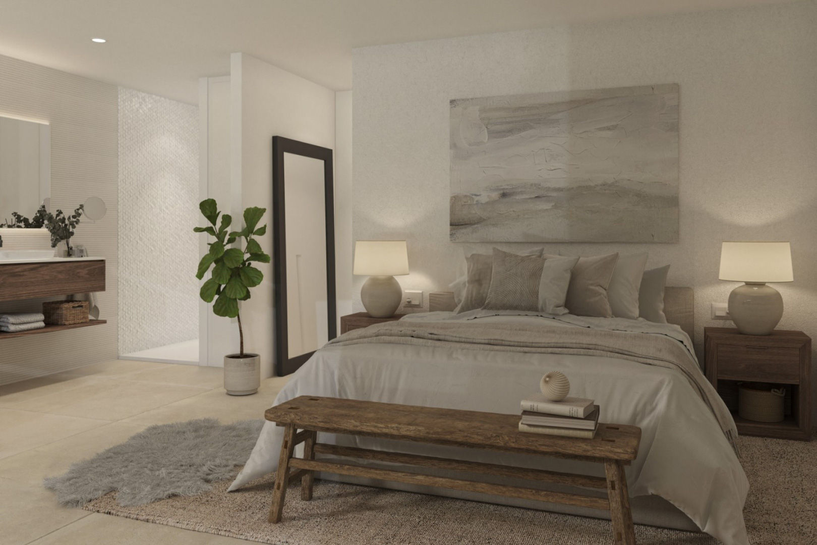 Hoofdslaapkamer met geïntegreerde badkamer, natuurhouten meubilair, een getextureerde inloopdouche en een neutraal kleurenpalet met inbouwspots.