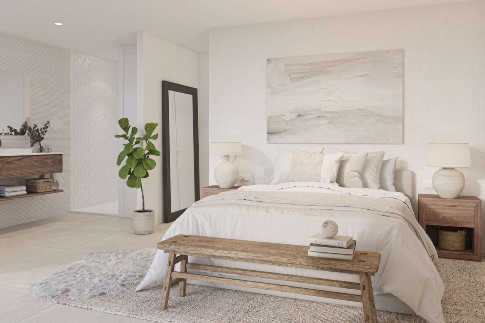 Hoofdslaapkamer met geïntegreerde badkamer, natuurlijk houten meubilair, neutrale textielen en een zwevend wastafelmeubel met getextureerde wandtegels.