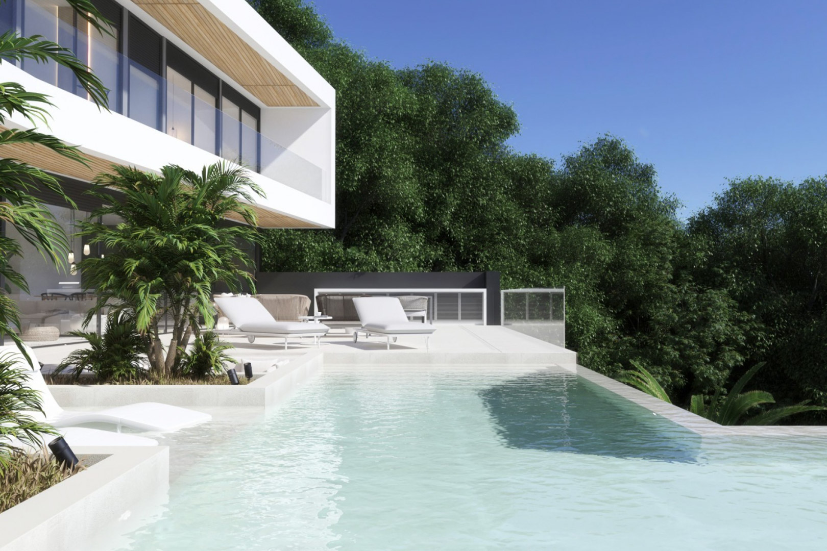 Infinity zwembad en wit stenen terras met ligbedden, glazen balustrades en plafonds met houten afwerking in een moderne architectonische setting.