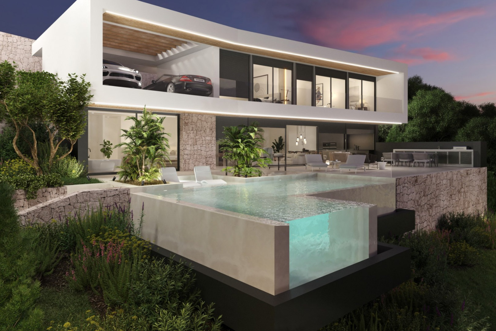Moderne villa met twee verdiepingen, overloopzwembad met glazen hoek, natuurstenen gevels en geïntegreerde ledverlichting. Voorzien van een verhoogde carport.