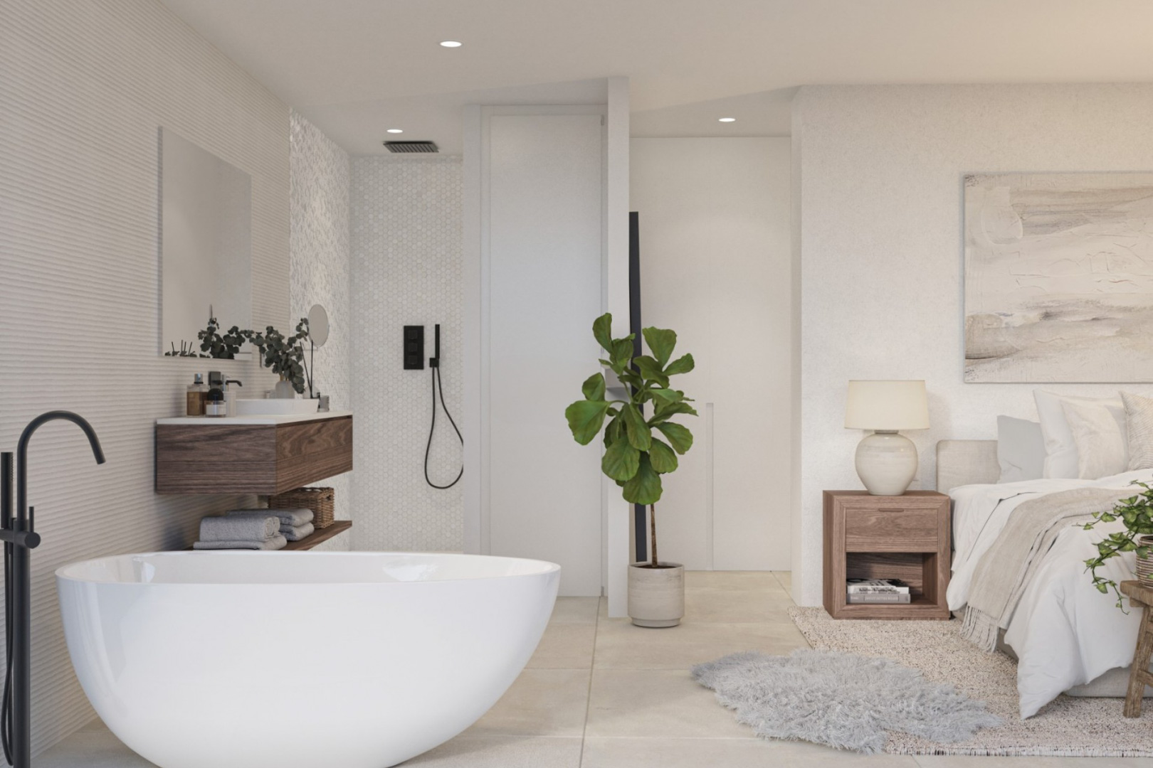 Open master suite met een vrijstaand bad, matzwarte kranen en een zwevend houten wastafelmeubel tegen een achtergrond van getextureerde wandtegels.