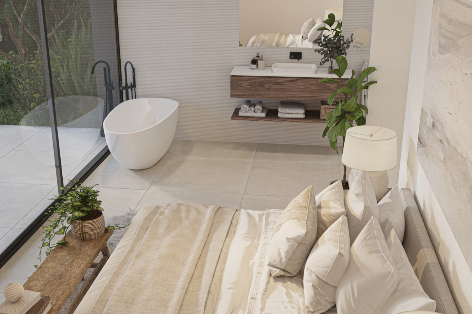 Open master suite met een vrijstaand ligbad bij de glazen pui, een houten wastafelmeubel met zwarte kranen en een rustgevend, modern kleurenpalet.