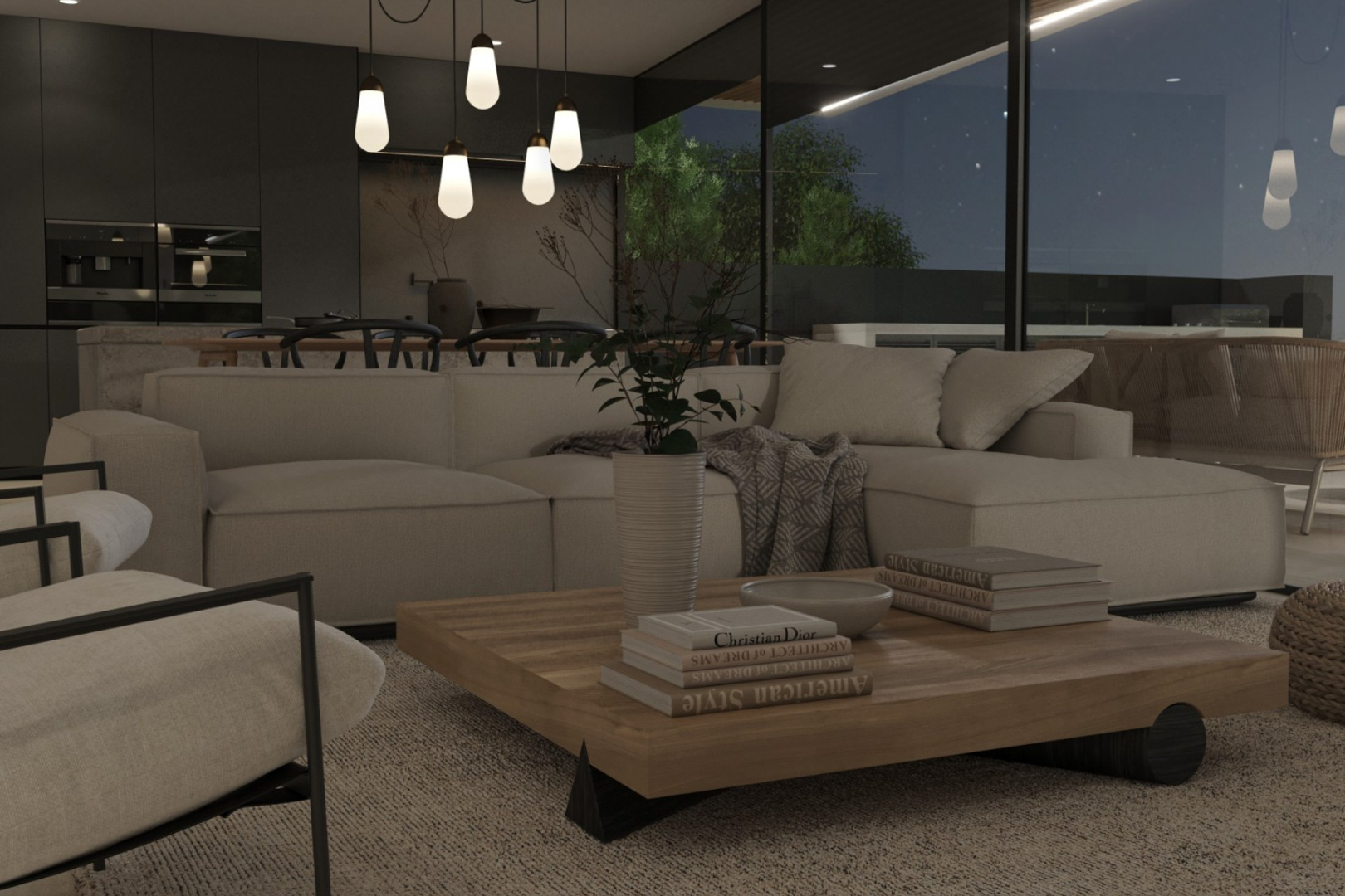 Open woonkamer met een beige modulaire bank, massief houten salontafel en grote glazen puien die uitkijken op het terras bij nacht.