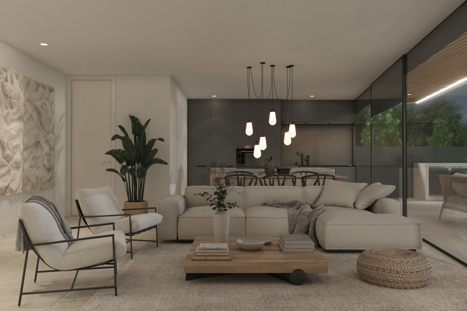 Open woonkamer met meubels in neutrale tinten, design hanglampen en een geïntegreerde keuken met donkere kasten. Grote glazen schuifdeuren verbinden het interieur met het terras.