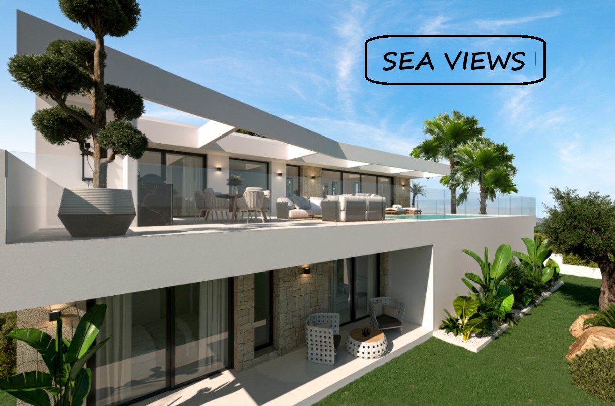 Moderne villa met twee verdiepingen, natuurstenen accenten, glazen balustrades, een overloopzwembad en een verzorgde tuin met tropische beplanting.