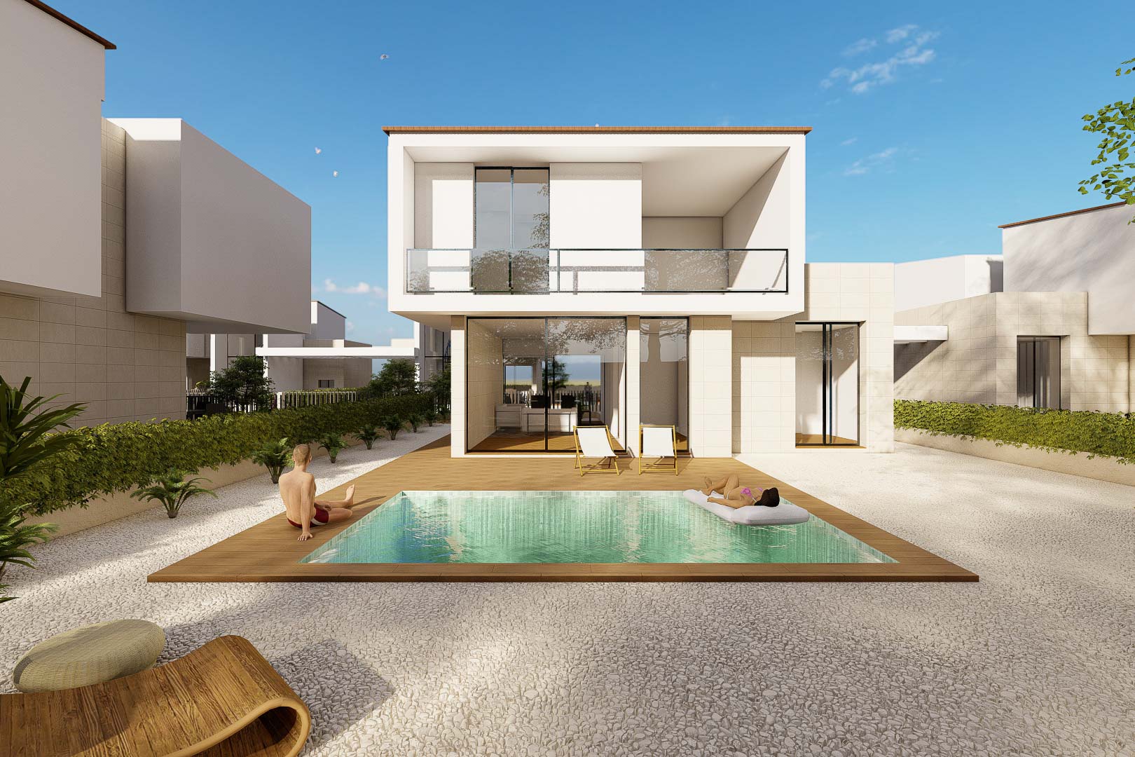 Buitenaanzicht van de villa met privézwembad op een houten terras, witte grindtuin en een minimalistische gevel van twee verdiepingen met grote raampartijen.