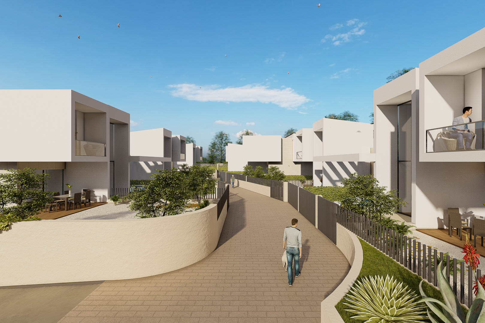 Exterieur van het wooncomplex met witte kubistische villa's, geplaveide paden en privétuinen met mediterrane beplanting en glazen balkonhekken.