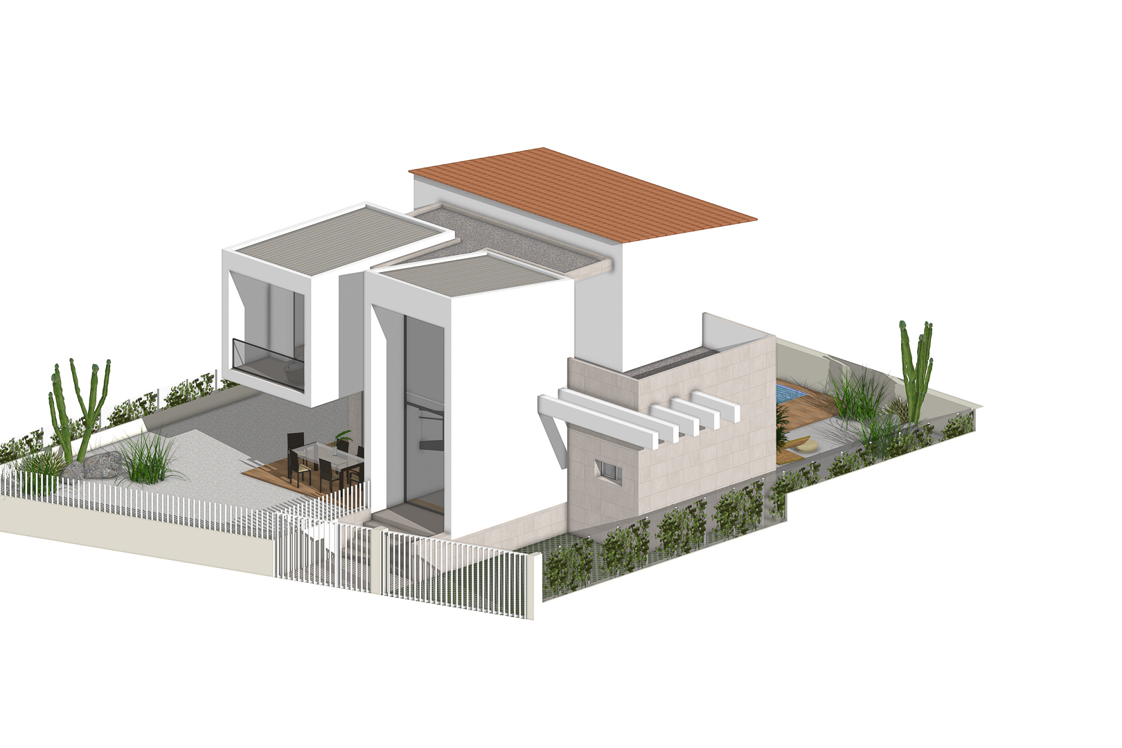 Isometrisch overzicht van de moderne villa met witte gevel, mediterrane tuin, eethoek buiten en privézwembad op een vrijstaand perceel.