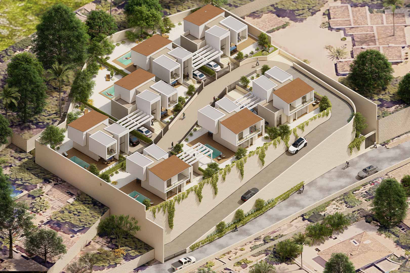 Luchtfoto van het Vila Natura-complex met zeven moderne vrijstaande villa's voorzien van privézwembaden, tuinen en eigen parkeergelegenheid.