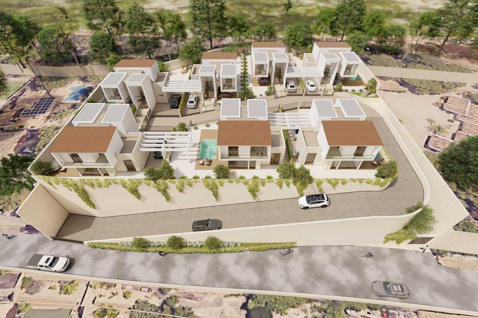 Luchtfoto van het Vila Natura-complex met zeven vrijstaande villa's, privézwembaden en parkeerplaatsen, gelegen in een groene omgeving in La Nucía.