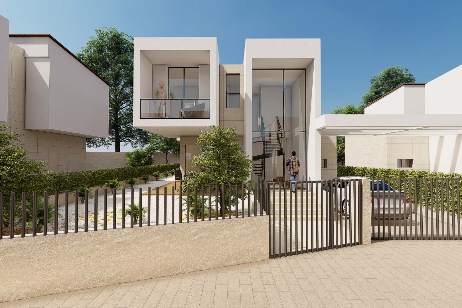 Moderne kubistische villa met een glazen entree over de volledige hoogte, uitkragend balkon en privéparkeerplaats met minimalistische tuin.