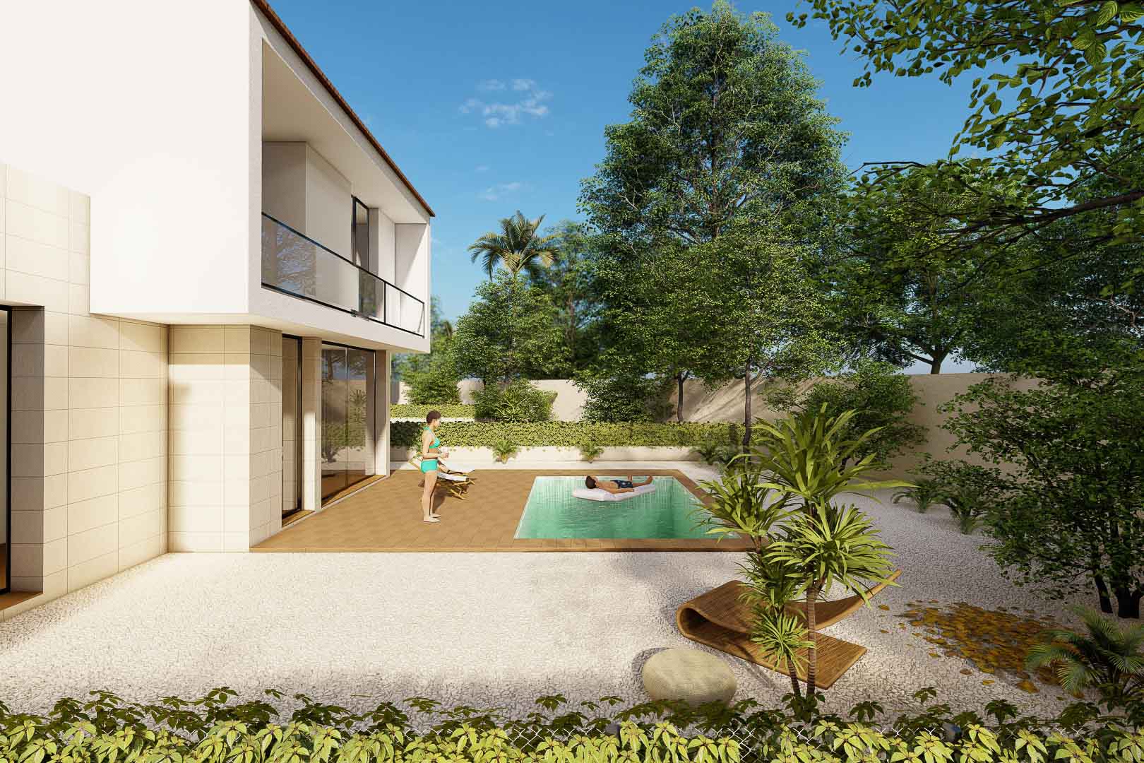 Moderne villa met privézwembad op een houten terras, omgeven door een onderhoudsvriendelijke tuin met wit grind en een strakke gevel met glazen balustrades.