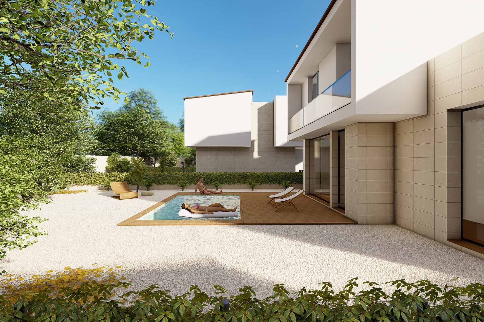 Moderne villa met privézwembad op een houten terras, omgeven door een tuin met wit grind en een strakke architectuur met natuurstenen gevels.