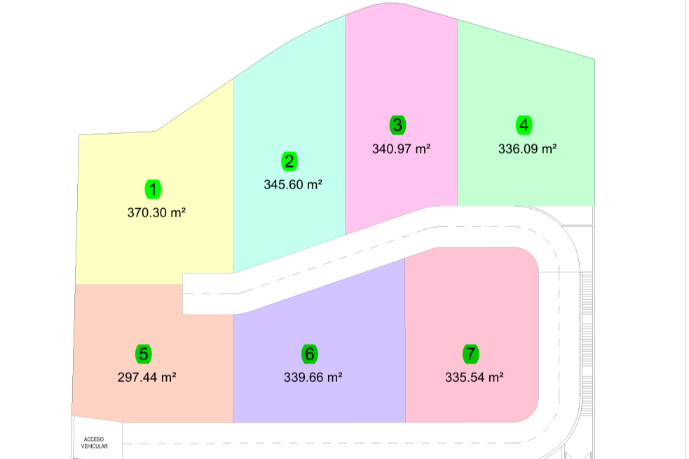 Technisch situatieplan van Residencial Vila Natura met de verdeling van de 7 privépercelen en hun exacte afmetingen, variërend van 297 m² tot 370 m².