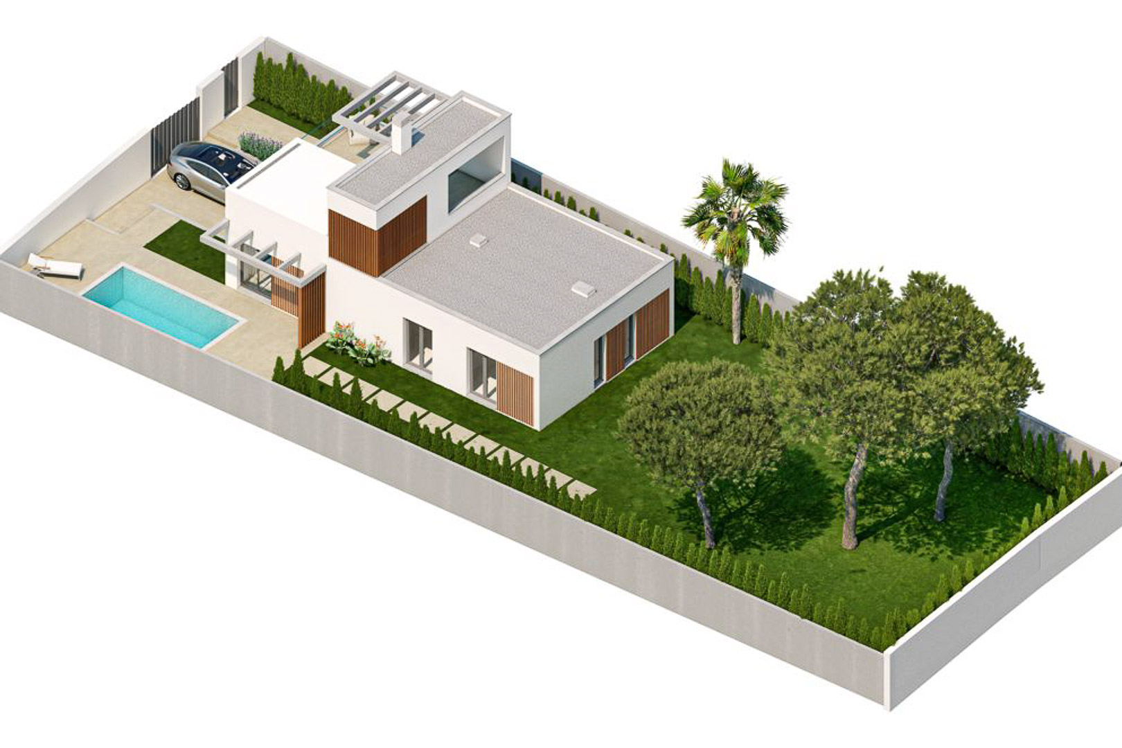 3D-isometrisch overzicht van de moderne villa met privézwembad, aangelegde tuin, dakterras met pergola en eigen parkeerplaats op het perceel.