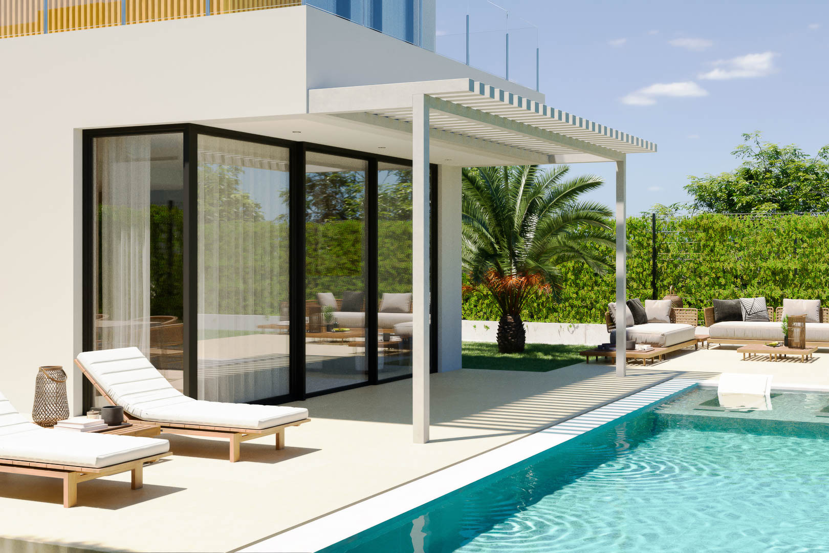 Buitenterras met privézwembad, witte lamellenpergola en loungehoek. Grote glazen schuifdeuren verbinden de woonkamer met de aangelegde mediterrane tuin en het zonnedek.