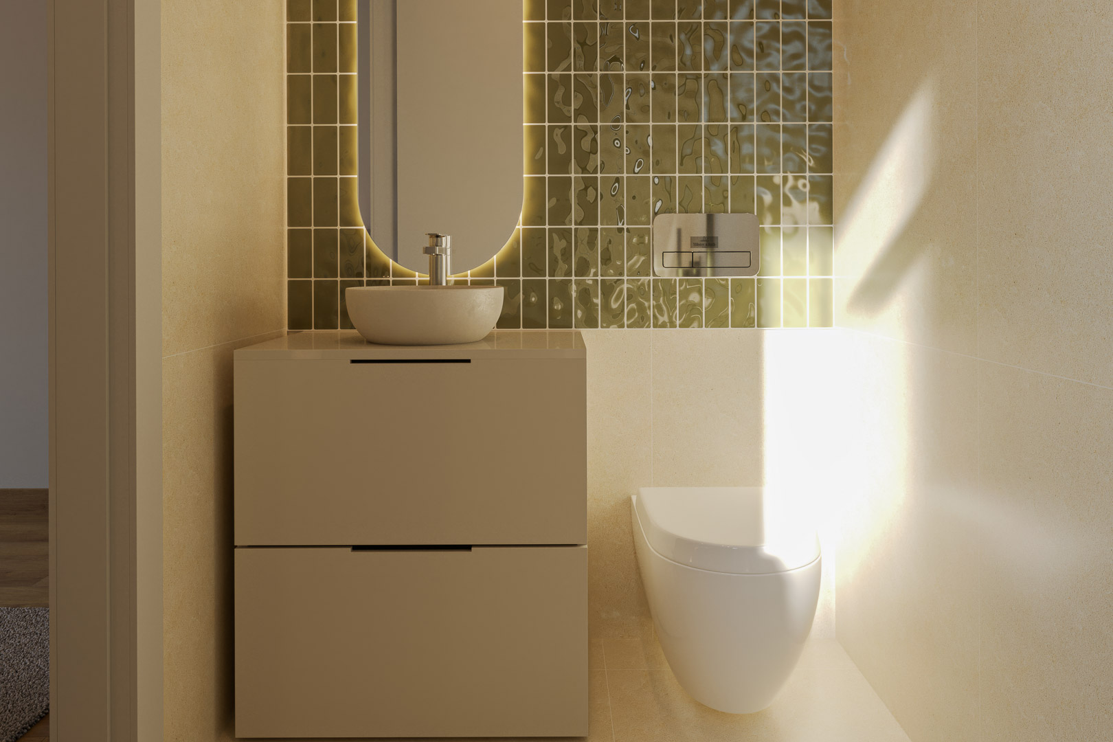 Gastentoilet met opzetwastafel, meubel met twee laden en een verlichte ovale spiegel tegen een wand van olijfgroene structuurtegels.