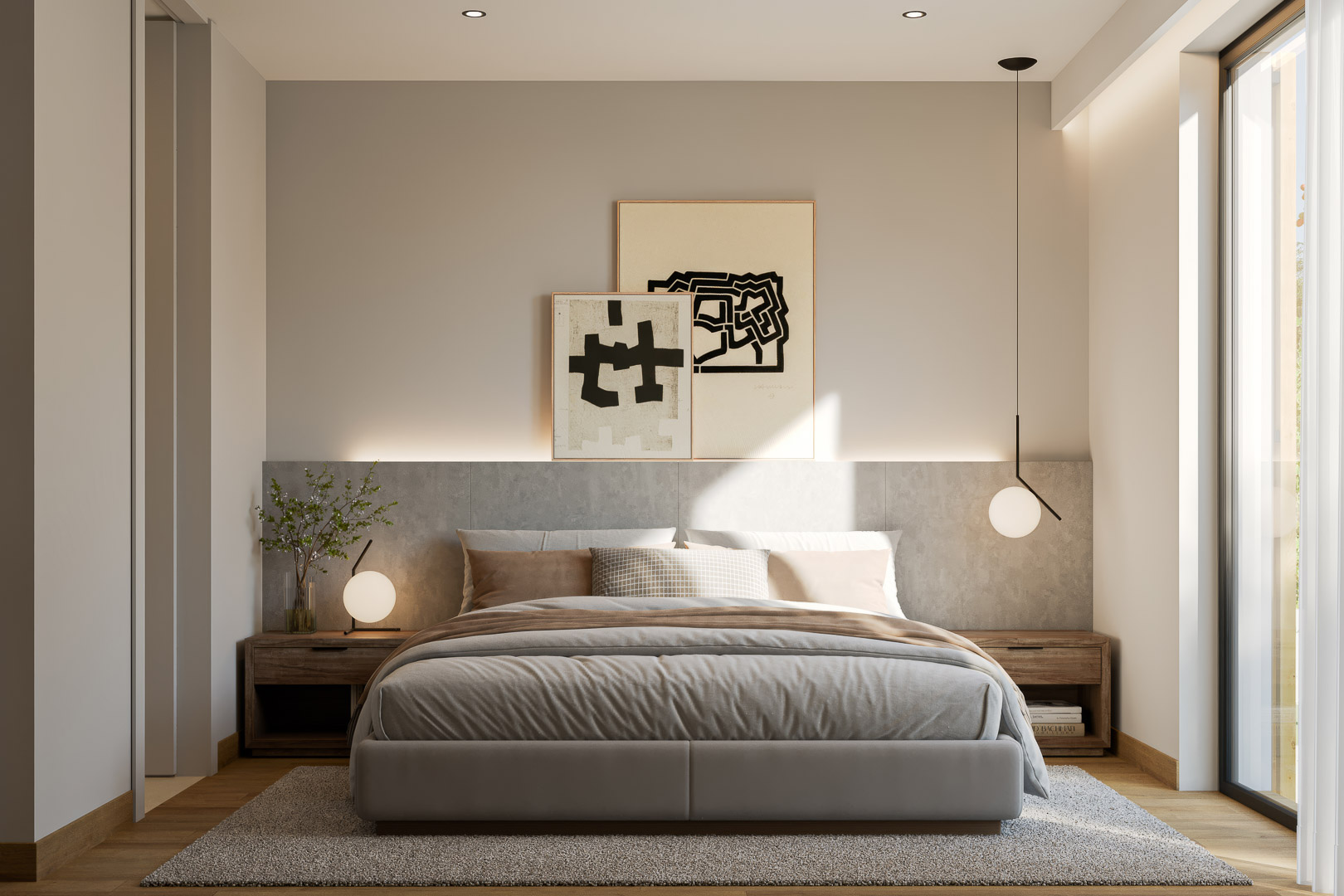 Hoofdslaapkamer met een hoofdbord van panelen met steeneffect, geïntegreerde LED-verlichting en grote ramen. Voorzien van houten nachtkastjes en een moderne parketvloer.