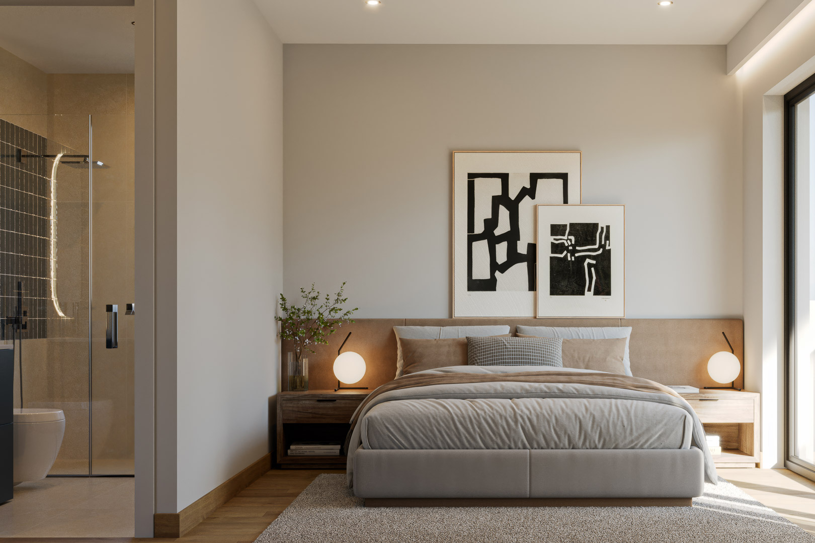 Hoofdslaapkamer met en-suite badkamer, houten vloer en minimalistische decoratie. De badkamer is uitgerust met een inloopdouche, glazen wand en moderne armaturen.