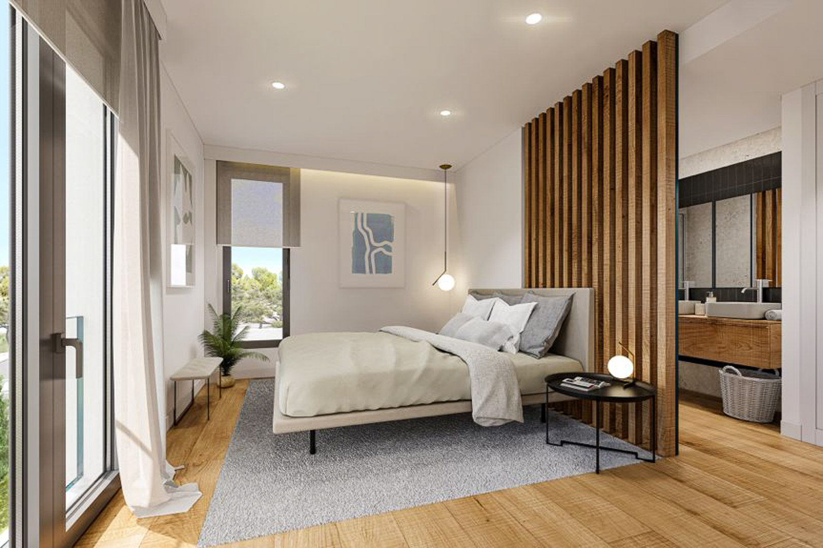 Hoofdslaapkamer met houten vloer, een stijlvolle houten lamellenwand als afscheiding naar de aangrenzende badkamer en grote ramen voor veel natuurlijk licht.