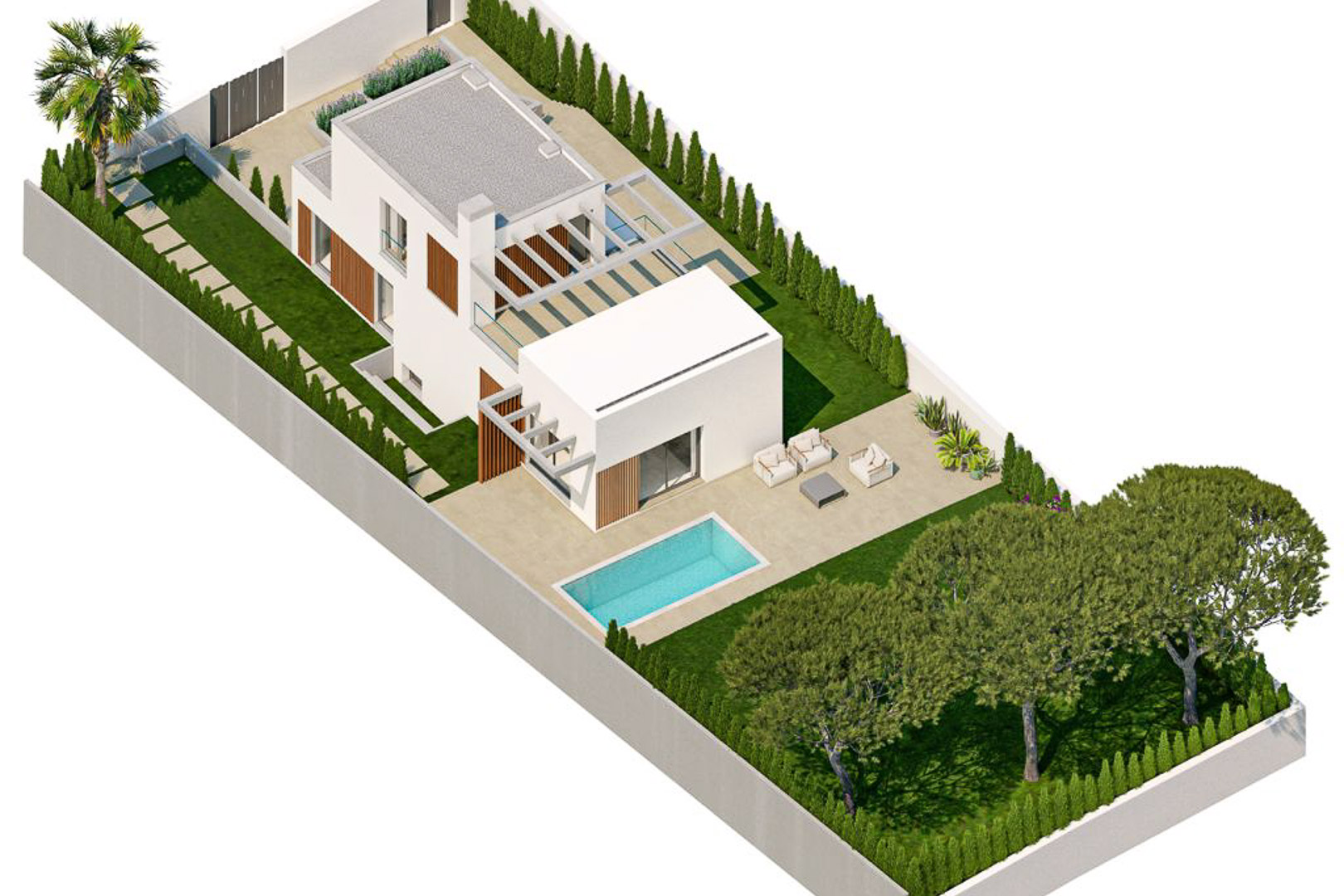 Isometrisch bovenaanzicht van de moderne villa met privézwembad, aangelegde tuin met volwassen bomen en terrassen met architectonische pergola's.