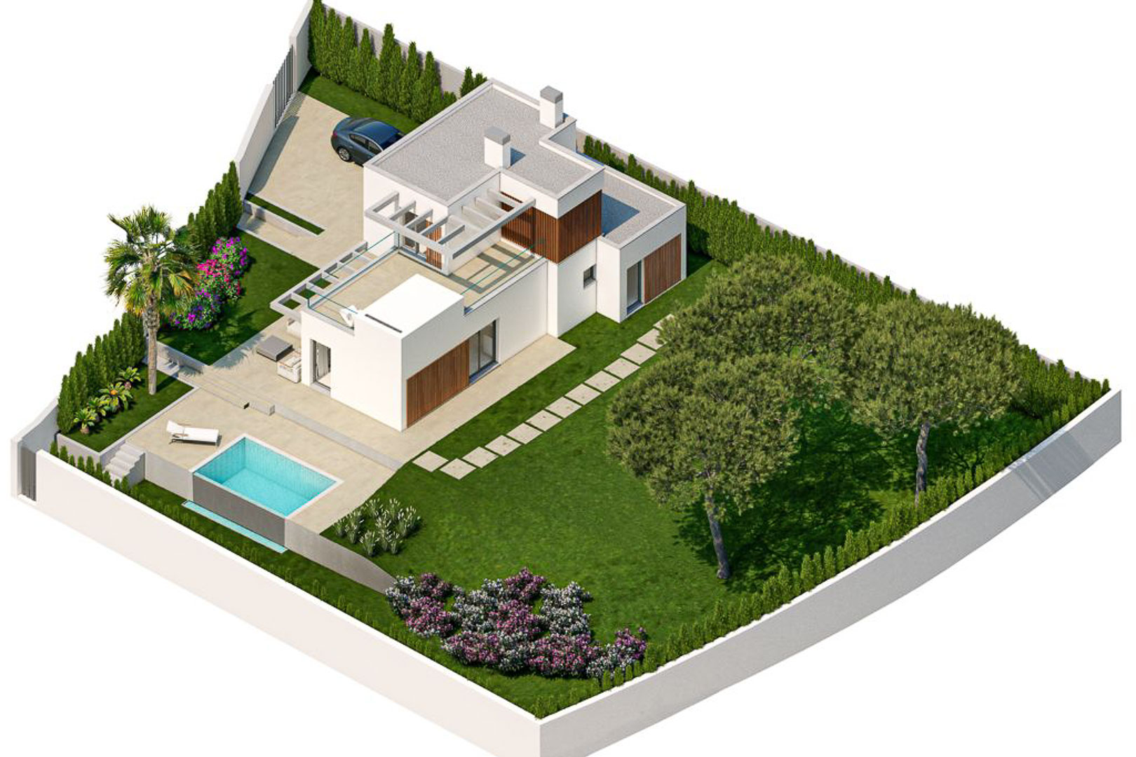 Luchtfoto van een moderne villa met witte gevels, houten accenten, een privézwembad, aangelegde tuin en een dakterras met pergola.