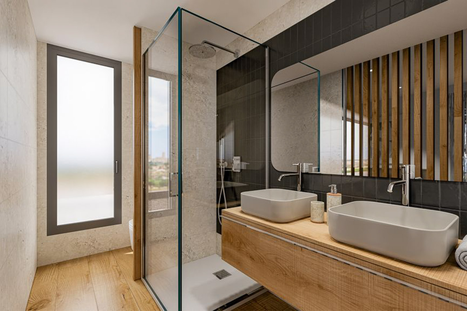 Moderne badkamer met dubbele wastafel op een houten meubel, glazen inloopdouche met zwarte tegels en wanden in natuursteenlook.