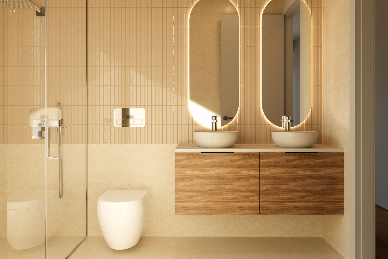 Moderne badkamer met dubbele wastafel op een zwevend houten meubel, ovale verlichte spiegels en een inloopdouche met verticale zandkleurige tegels.