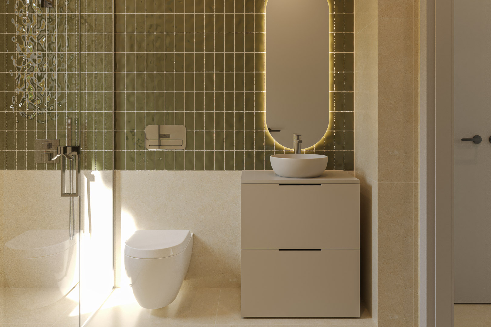 Moderne badkamer met glanzende olijfgroene tegels, een verlichte ovale spiegel en een minimalistisch wastafelmeubel. Voorzien van een hangend toilet en glazen douchewand.