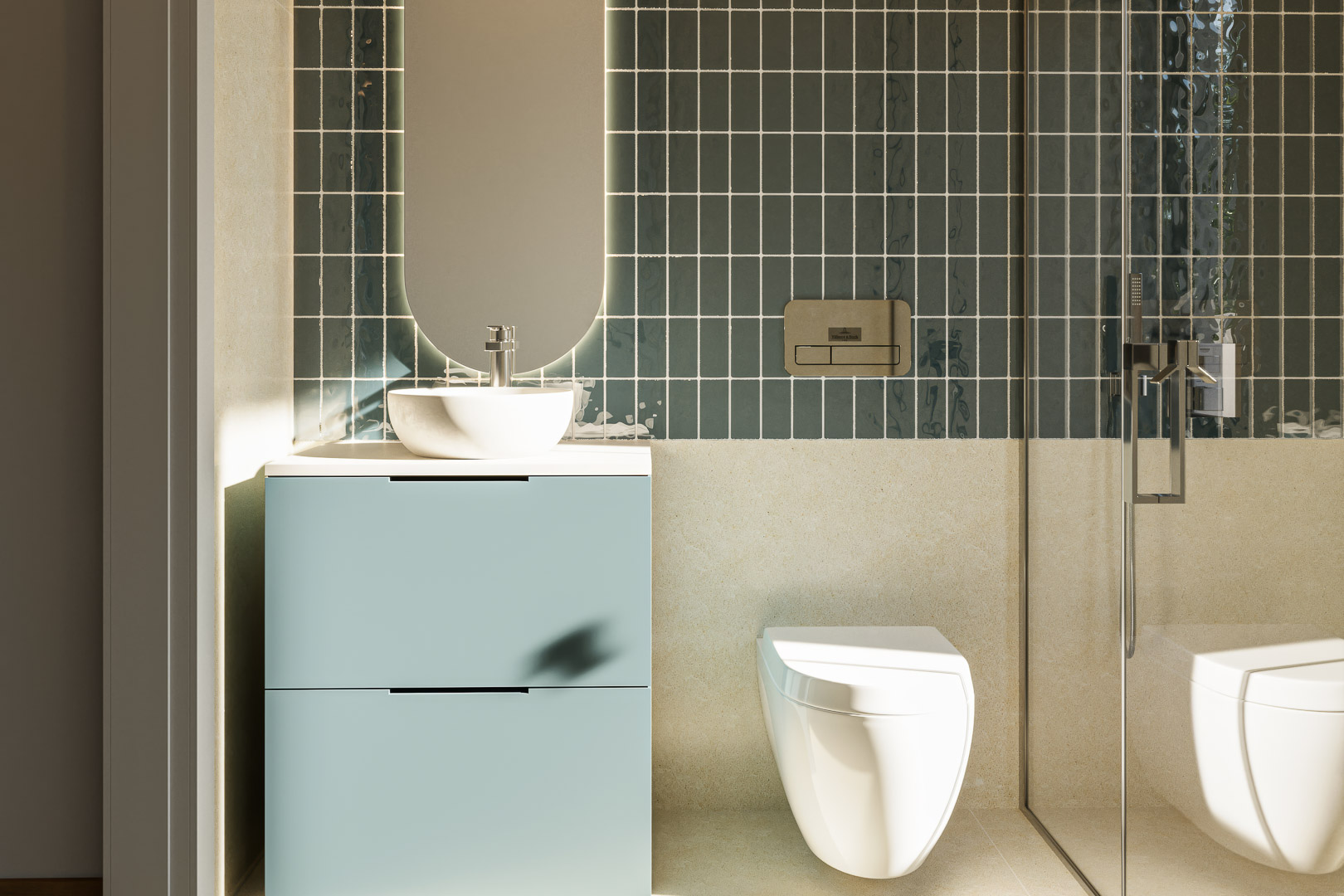 Moderne badkamer met verticale groenblauwe tegels, een lichtblauw zwevend wastafelmeubel met opzetkom en een verlichte ovale spiegel.