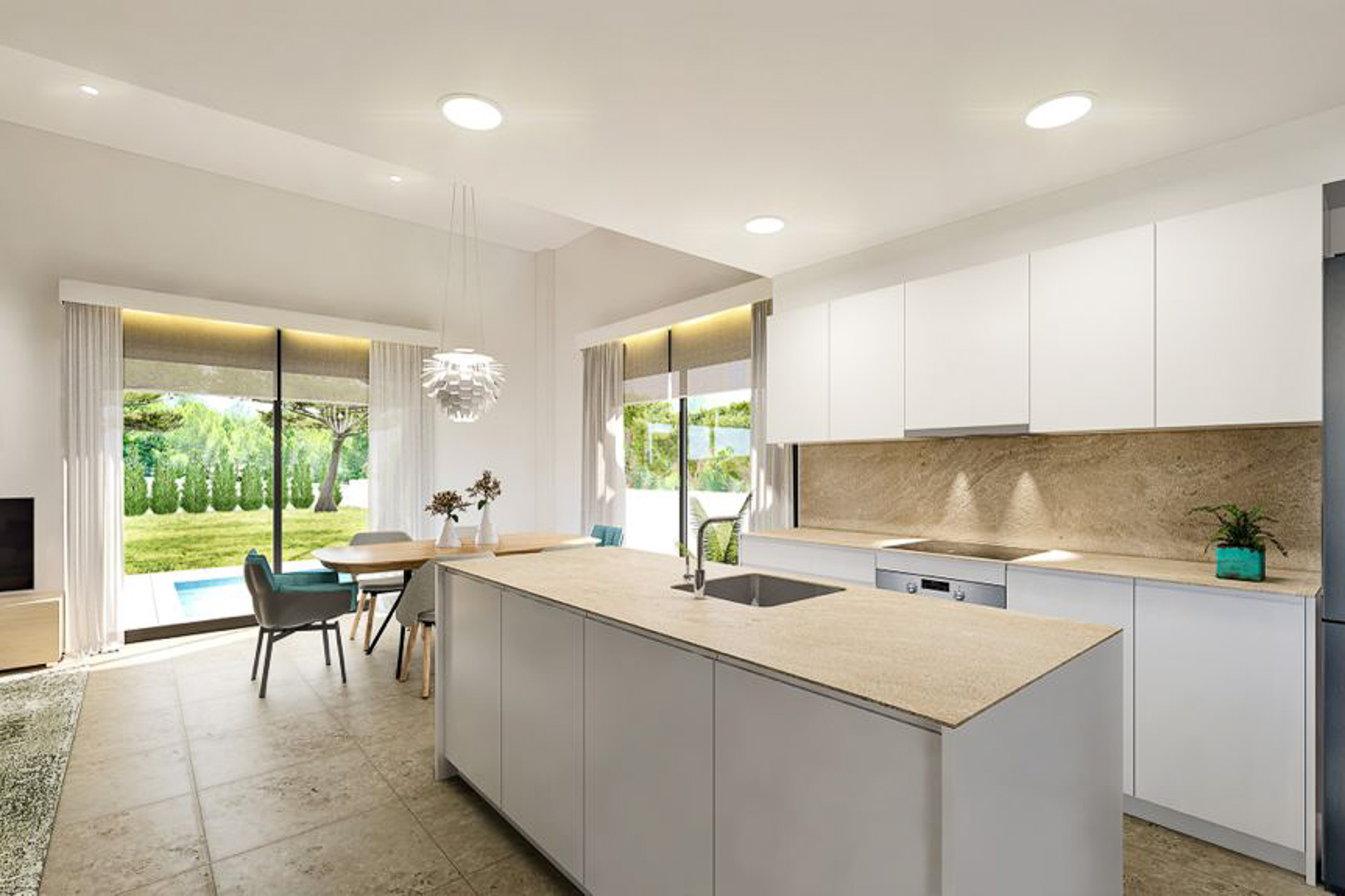 Moderne open keuken met stenen kookeiland, minimalistische witte kasten en eethoek met direct zicht op de tuin en het privézwembad.