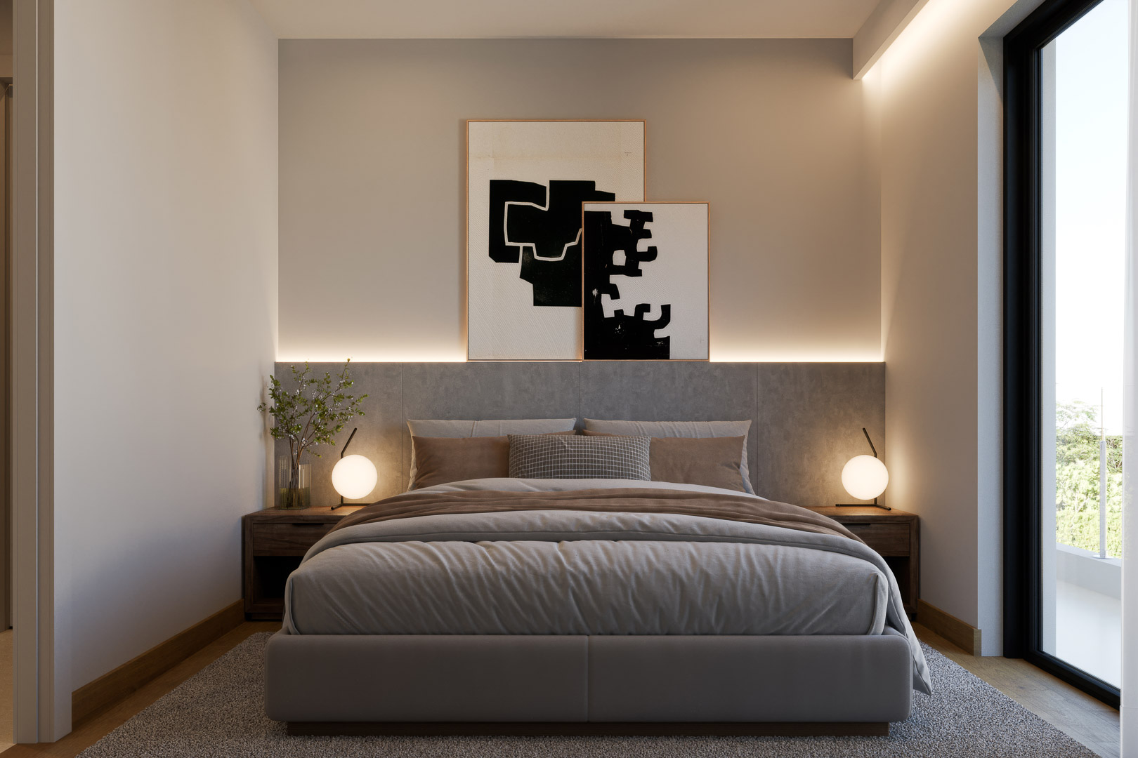 Moderne slaapkamer met gestoffeerd hoofdbord, indirecte LED-verlichting, houten nachtkastjes en directe toegang tot het terras via grote glazen deuren.