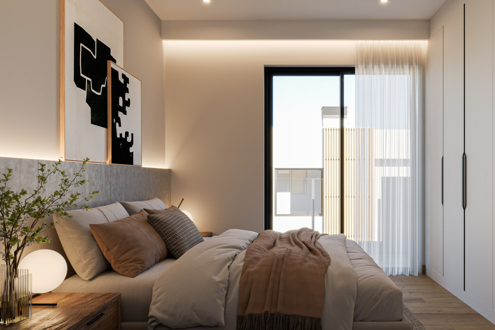Moderne slaapkamer met minimalistische inbouwkasten, indirecte LED-verlichting en kamerhoge ramen. De houten vloer en aardetinten zorgen voor een warme sfeer.