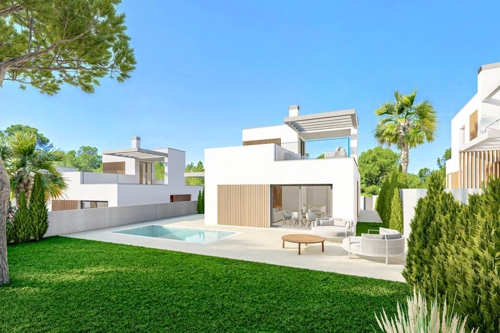 Moderne villa met privézwembad, gazon en witte gevel met houten lamellen. Voorzien van een dakterras met pergola en glazen balustrades in een groene omgeving.