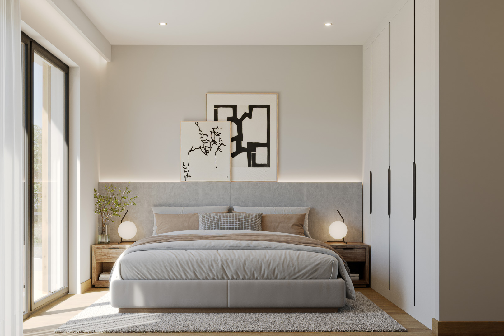 Slaapkamer met kamerhoge inbouwkasten, een gestoffeerd hoofdbord met LED-verlichting en een grote glazen pui die zorgt voor veel natuurlijk licht.
