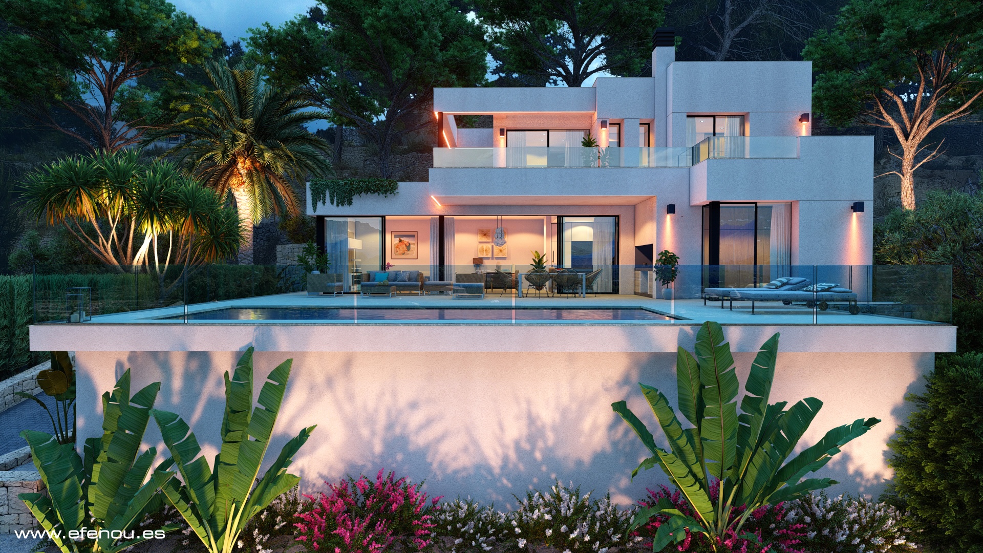 Exterieur van de villa bij schemering met een 12m zwembad, glazen terrassen en geïntegreerde sfeerverlichting in de mediterrane tuin.