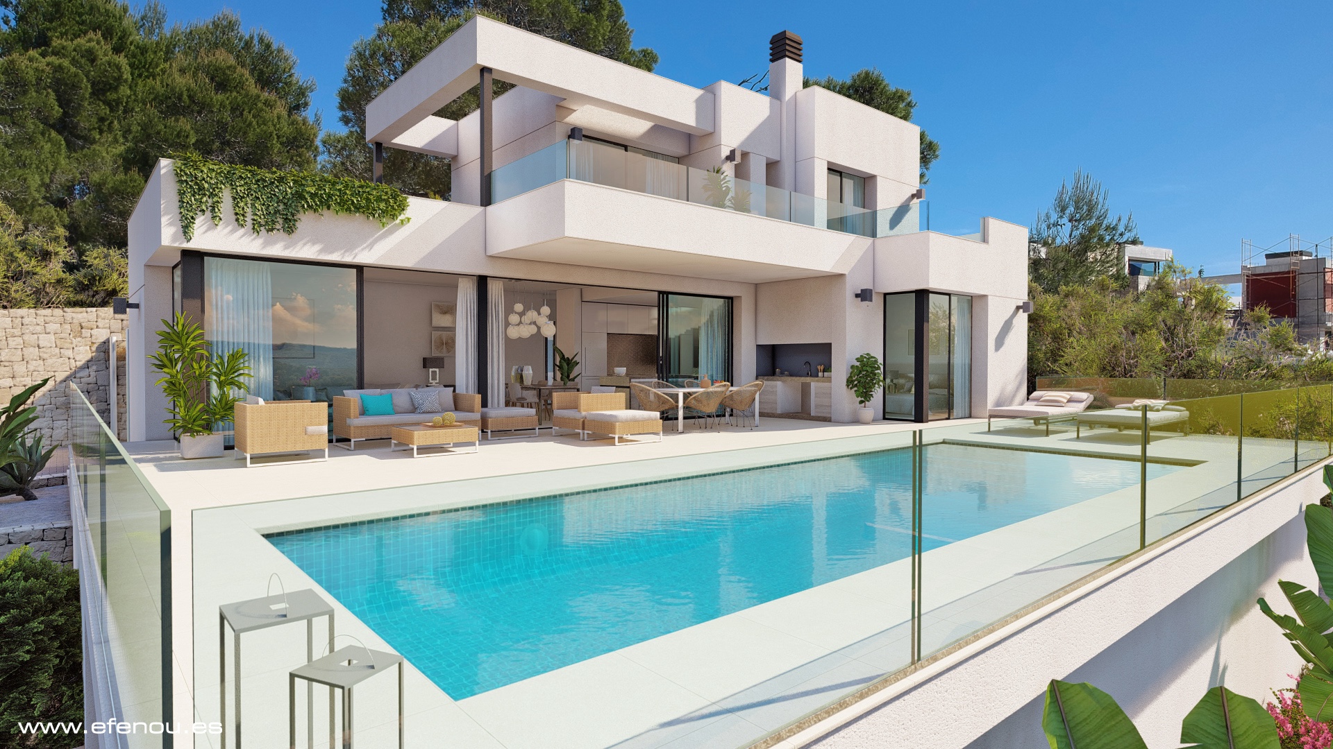 Moderne witte villa met een strak zwembad, ruim zonneterras met glazen balustrades, buitenkeuken en grote schuifpuien die binnen en buiten naadloos verbinden.