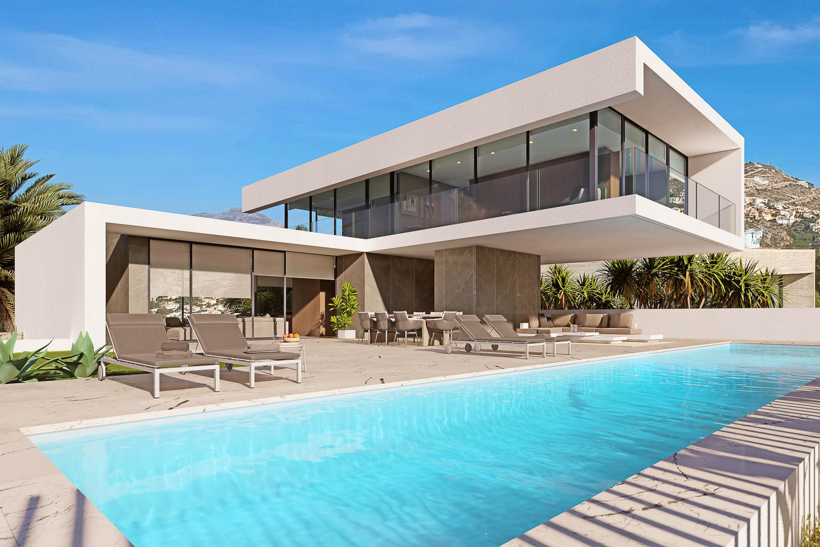 Buitenaanzicht van de villa met turquoise zwembad, terras met ligstoelen en een buiteneethoek.